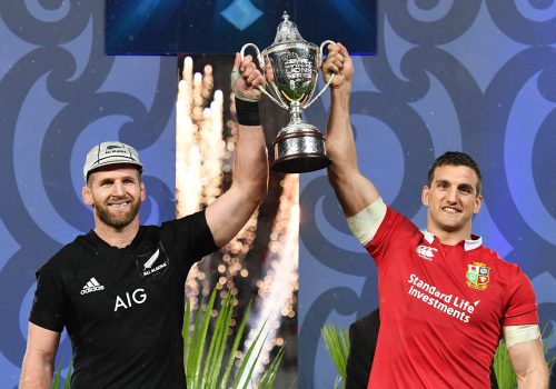 British & Irish Lions Tour To New Zealand 2017 3rd Test, Eden Park, Auckland, New Zealand 8/7/2017
New Zealand All Blacks vs British & Irish Lions
All Blacks' captain Kieran Read and Lions' captain Sam Warburton lift the DHL NZ cup after the series finished a draw
Mandatory Credit ©INPHO/Photosport/Andrew Cornaga